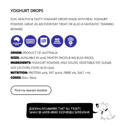 BlackDog Yoghurt Drops 250g Robbos pet barn - Main Image