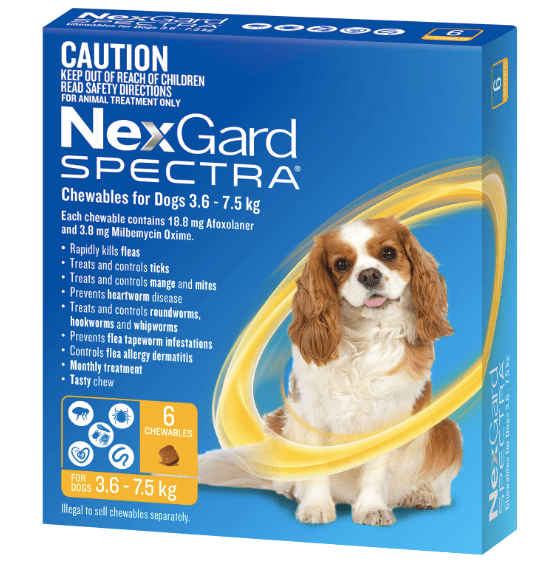 Nexgard Spectra Dog Flea,Tick & Worming Treatments Nexgard Spectra Yellow 3.6-7.5kg 6 pack